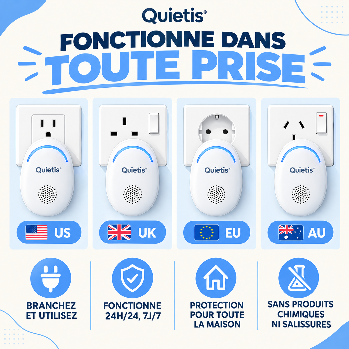 **Quietis™ – Répulsif Antiparasitaire Ultrasonique Sans Spray | Éloigne +40 Nuisibles & Punaises de Lit**