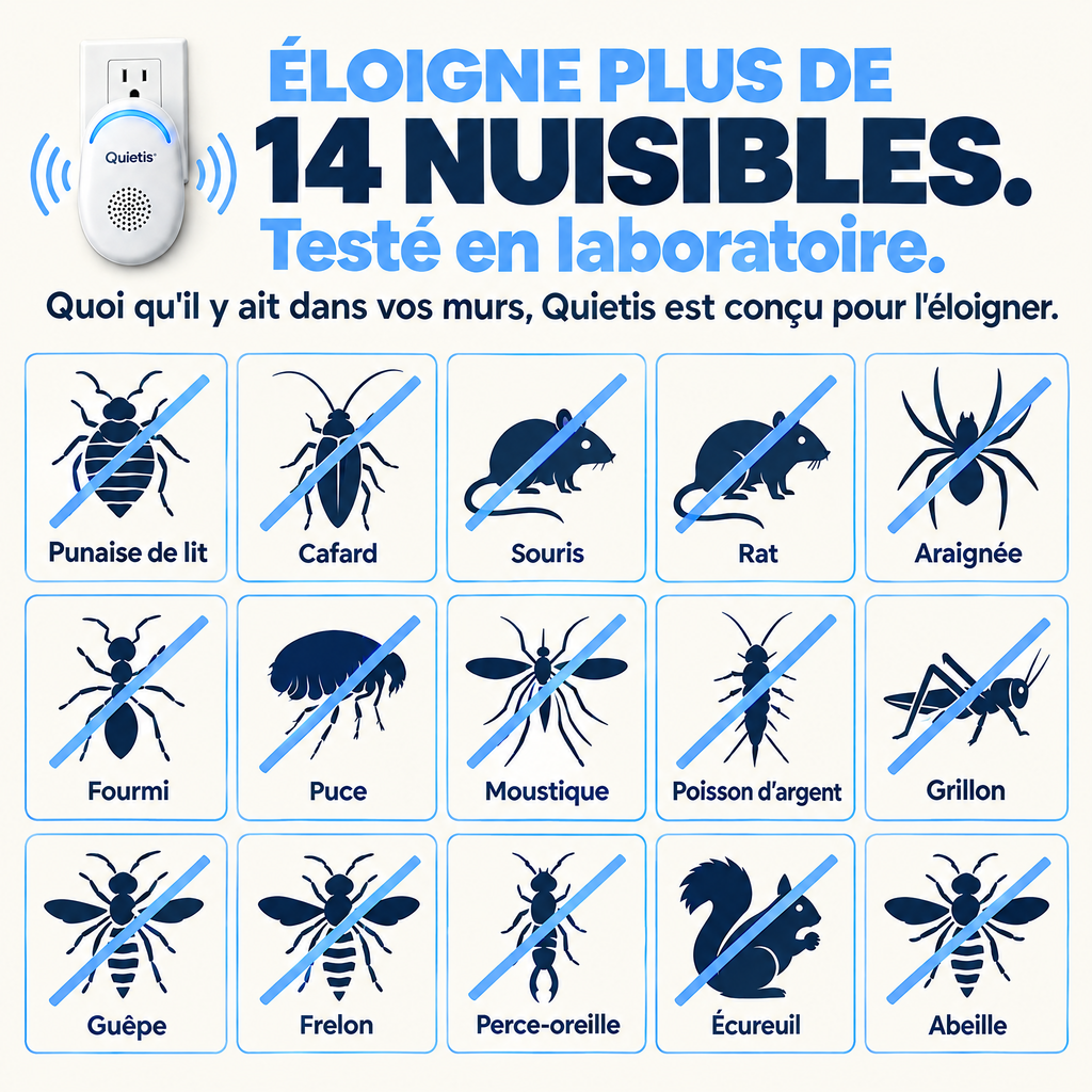 **Quietis™ – Répulsif Antiparasitaire Ultrasonique Sans Spray | Éloigne +40 Nuisibles & Punaises de Lit**