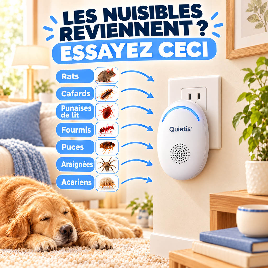 **Quietis™ – Répulsif Antiparasitaire Ultrasonique Sans Spray | Éloigne +40 Nuisibles & Punaises de Lit**