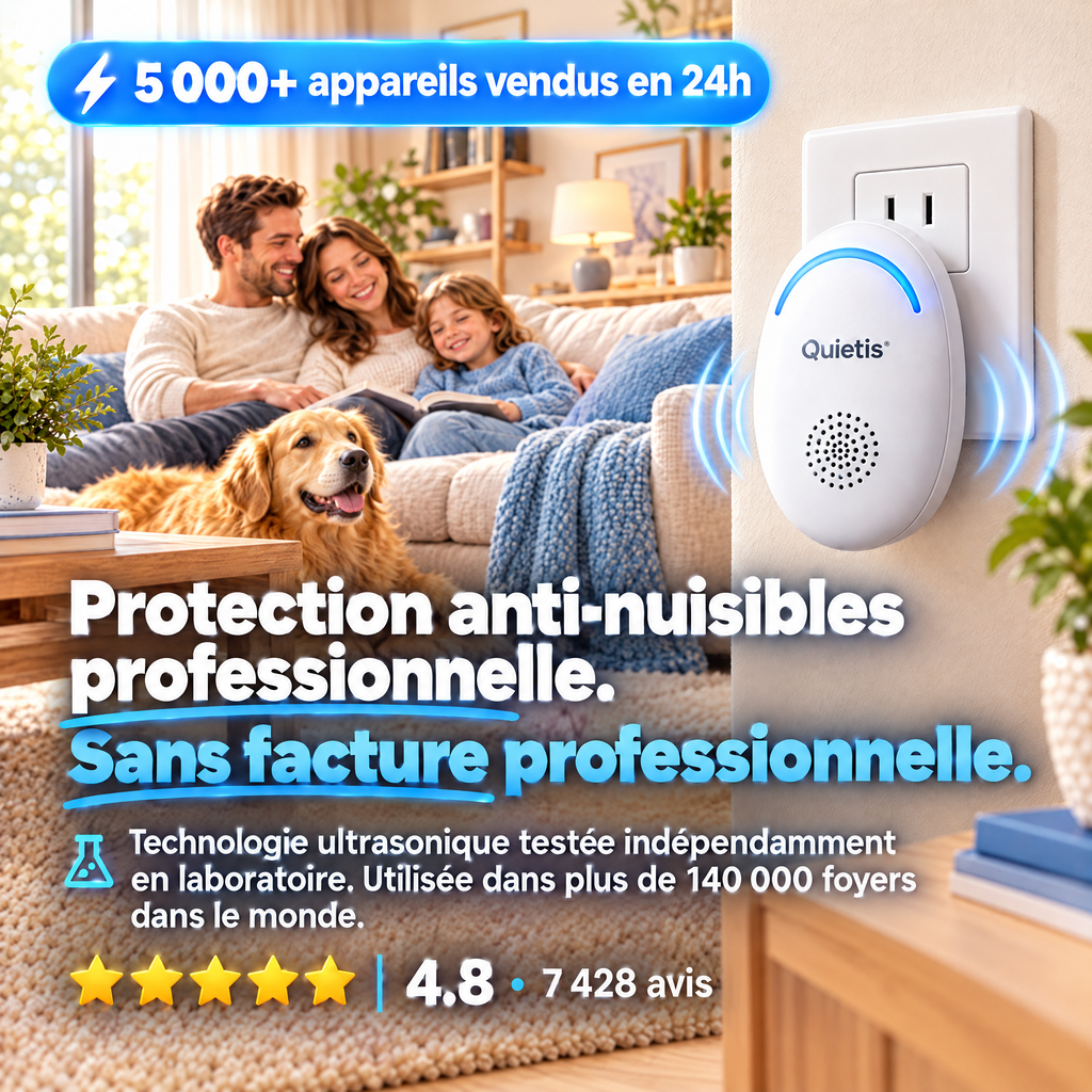 **Quietis™ – Répulsif Antiparasitaire Ultrasonique Sans Spray | Éloigne +40 Nuisibles & Punaises de Lit**